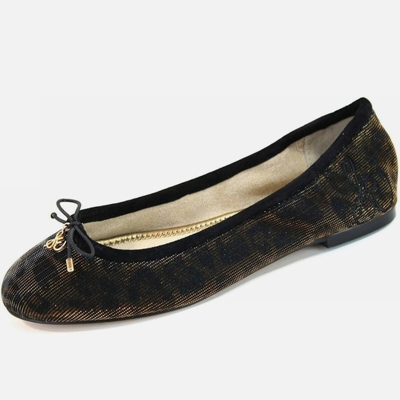 Sam Edelman Felicia Ballet Flat Ballerina Black Gold Bronze Metallic Animal 9 - Picture 1 of 8